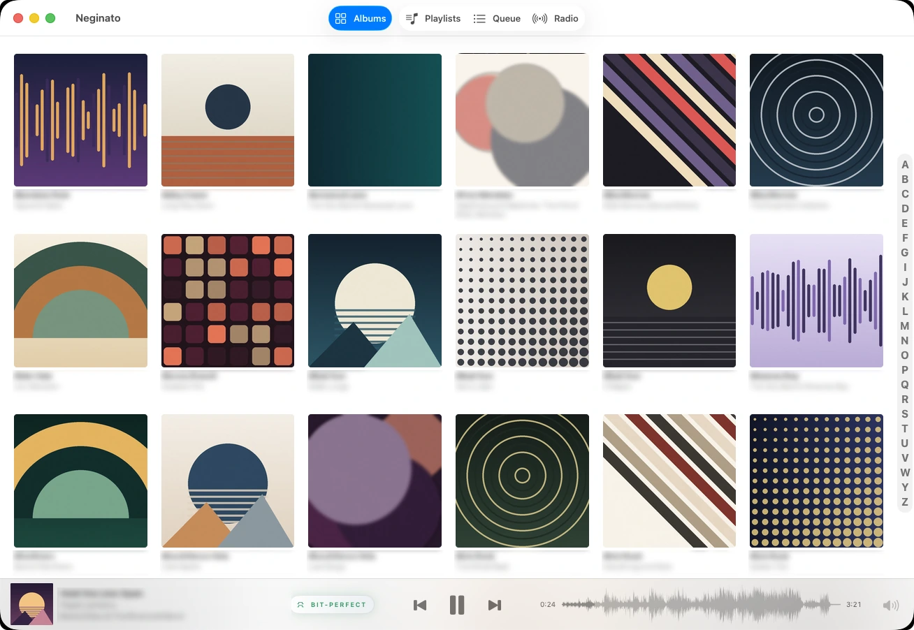 The Neginato app: a grid of album artwork ordered by album artist with an A-to-Z index down the right edge, above the Now Playing bar — artwork and track title on the left, a green BIT-PERFECT pill beside the transport controls, and a waveform scrubber with elapsed and total time on the right.